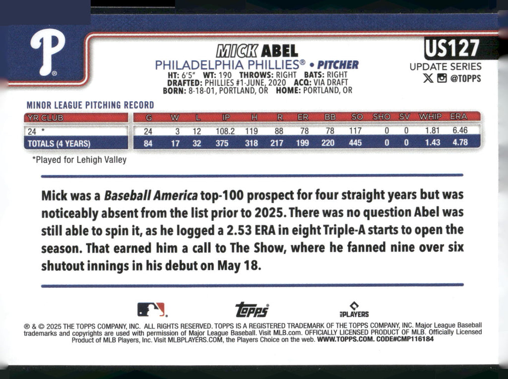 2025 Topps Update #US127 Mick Abel