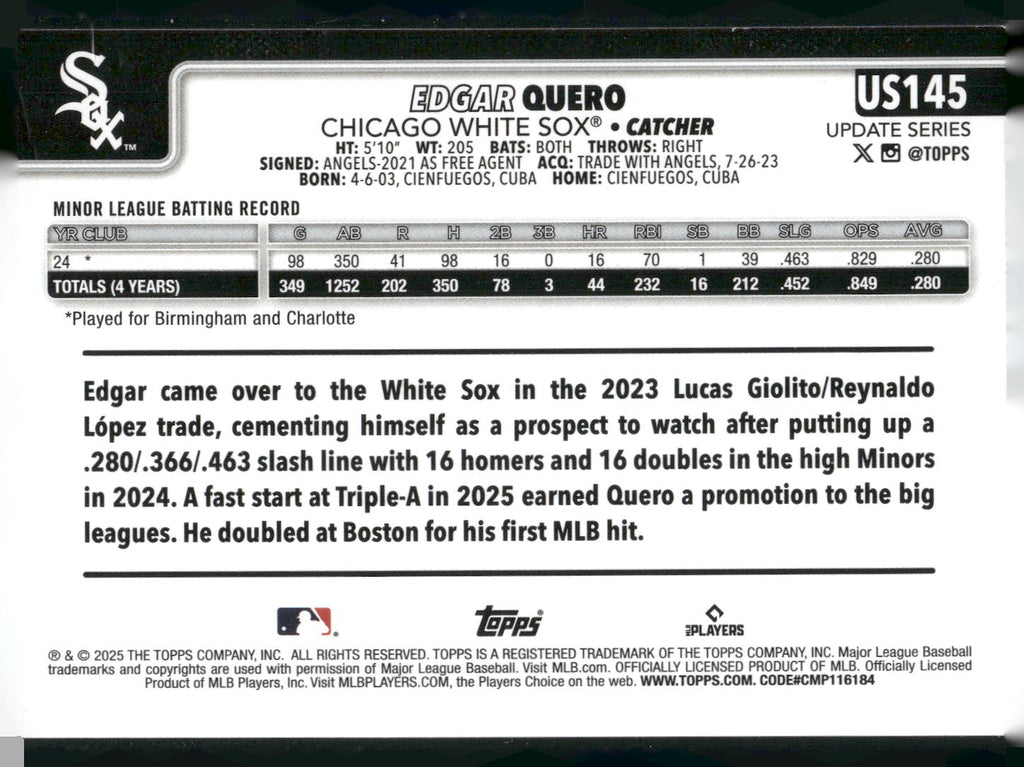 2025 Topps Update #US145 Edgar Quero