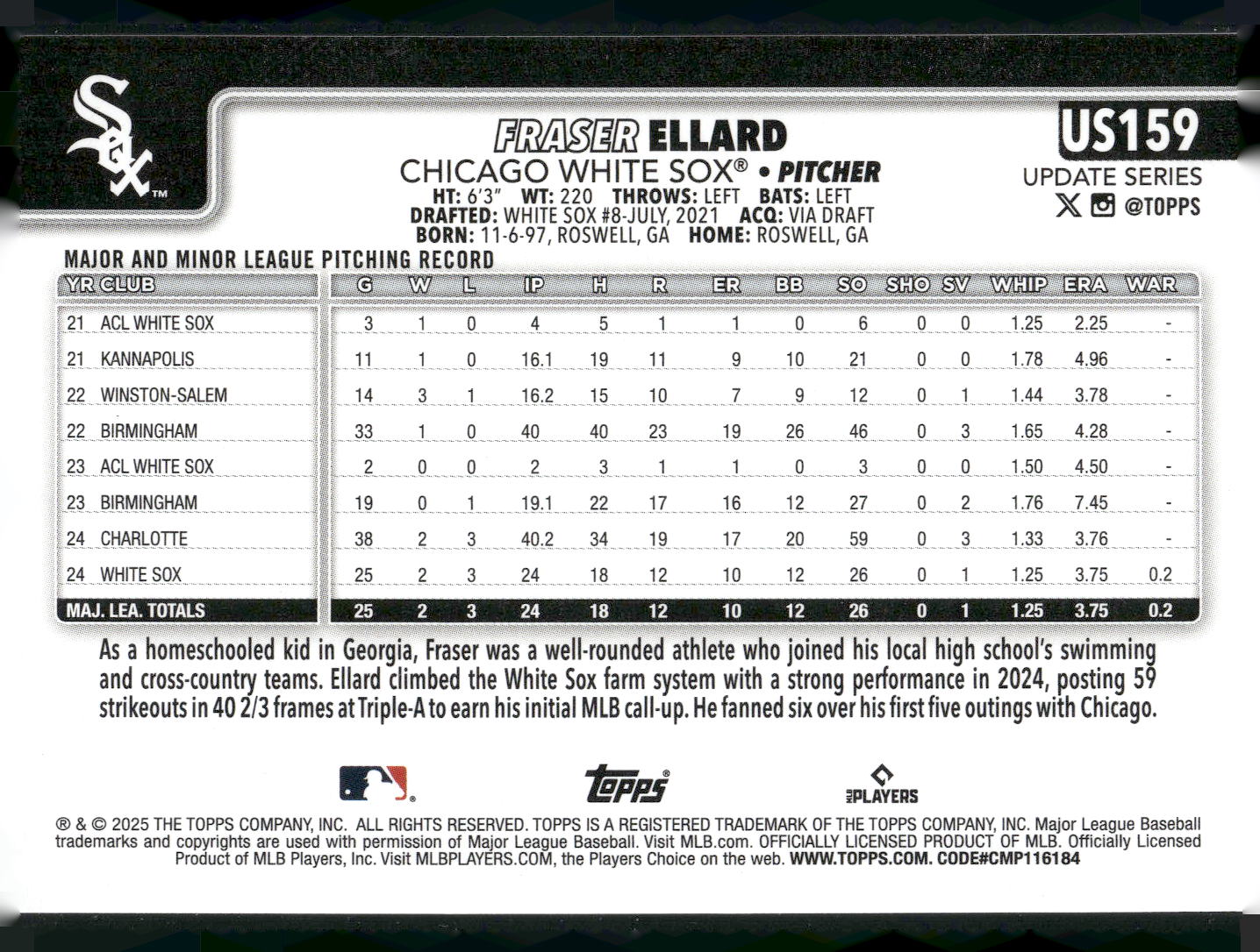 2025 Topps Update #US159 Fraser Ellard