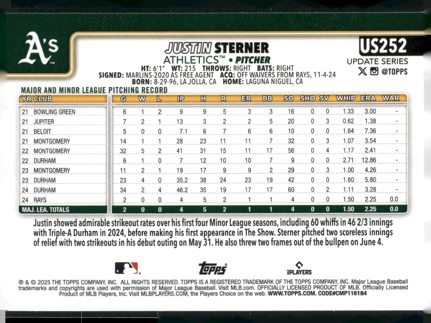 2025 Topps Update #US252 Justin Sterner