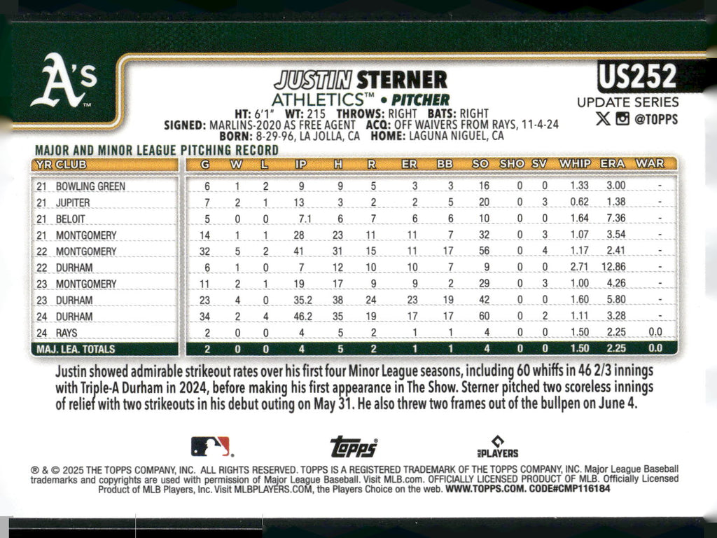 2025 Topps Update #US252 Justin Sterner
