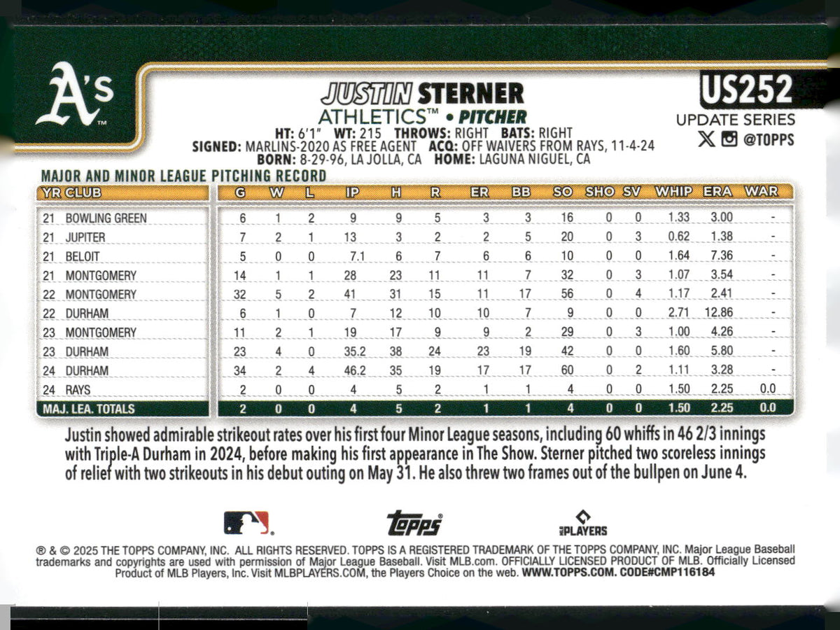 2025 Topps Update #US252 Justin Sterner