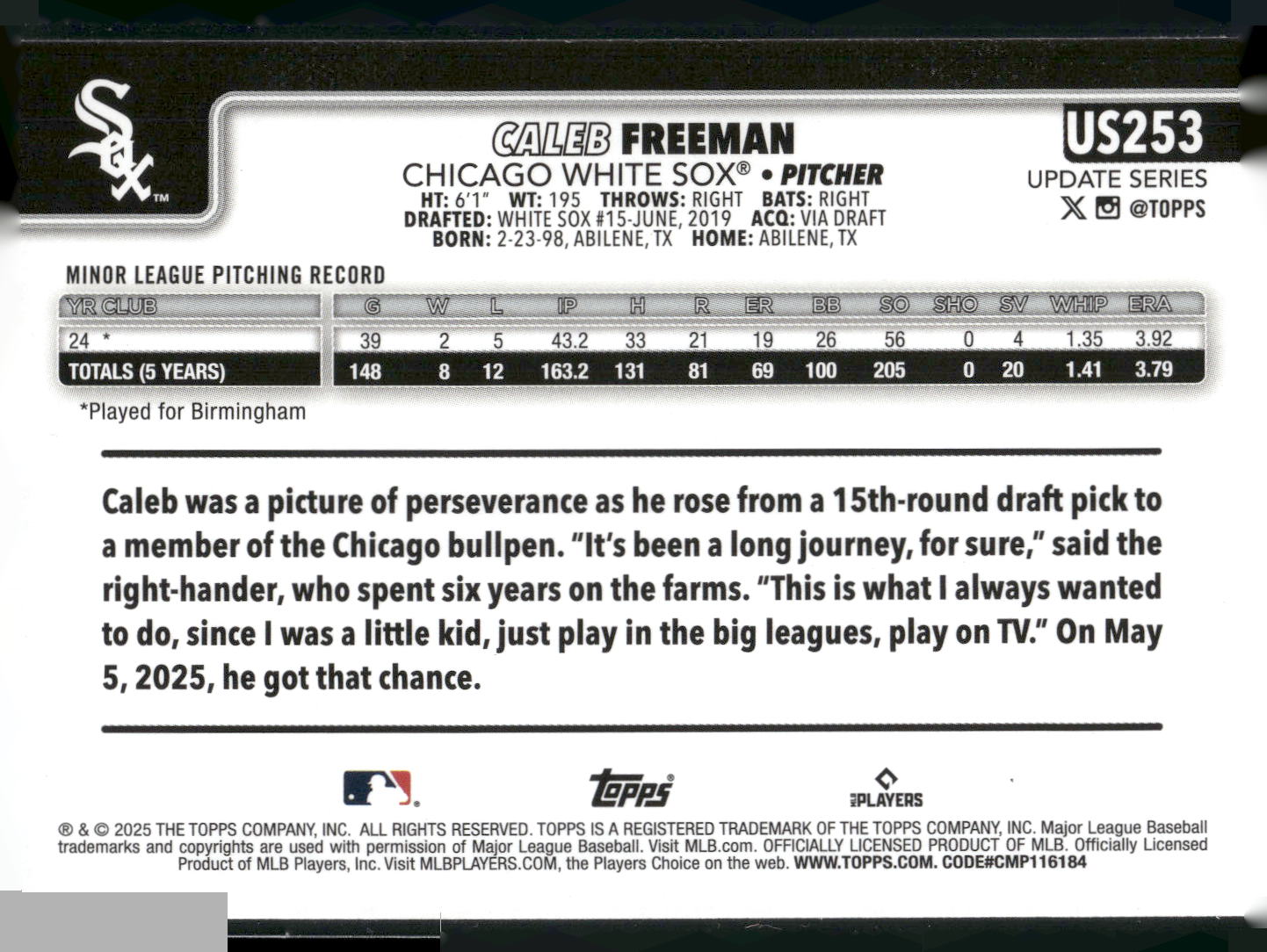 2025 Topps Update #US253 Caleb Freeman