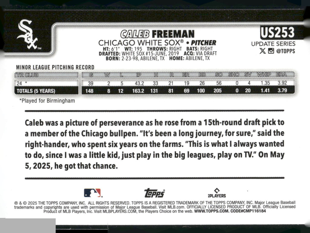 2025 Topps Update #US253 Caleb Freeman