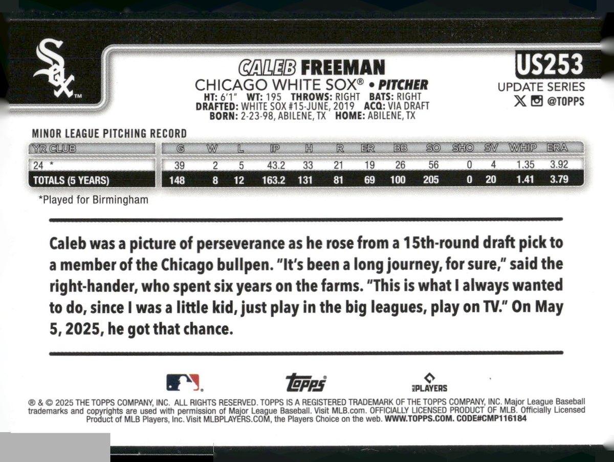 2025 Topps Update #US253 Caleb Freeman
