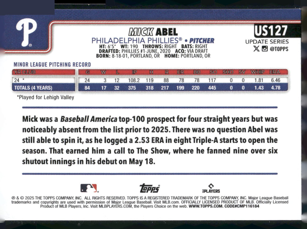 2025 Topps Update #US127 Mick Abel
