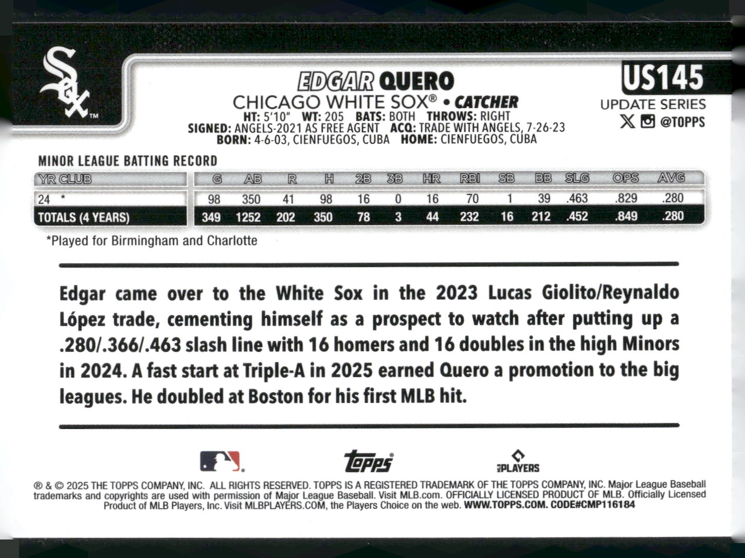 2025 Topps Update #US145 Edgar Quero