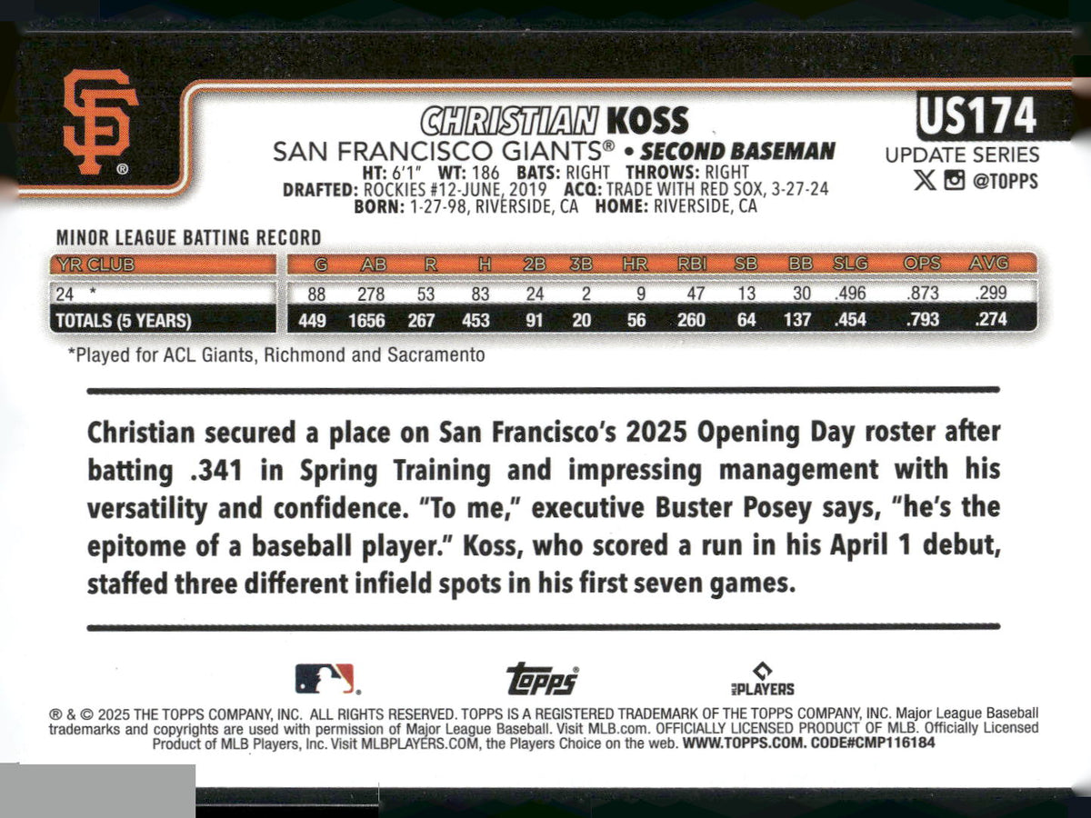 2025 Topps Update #US174 Christian Koss