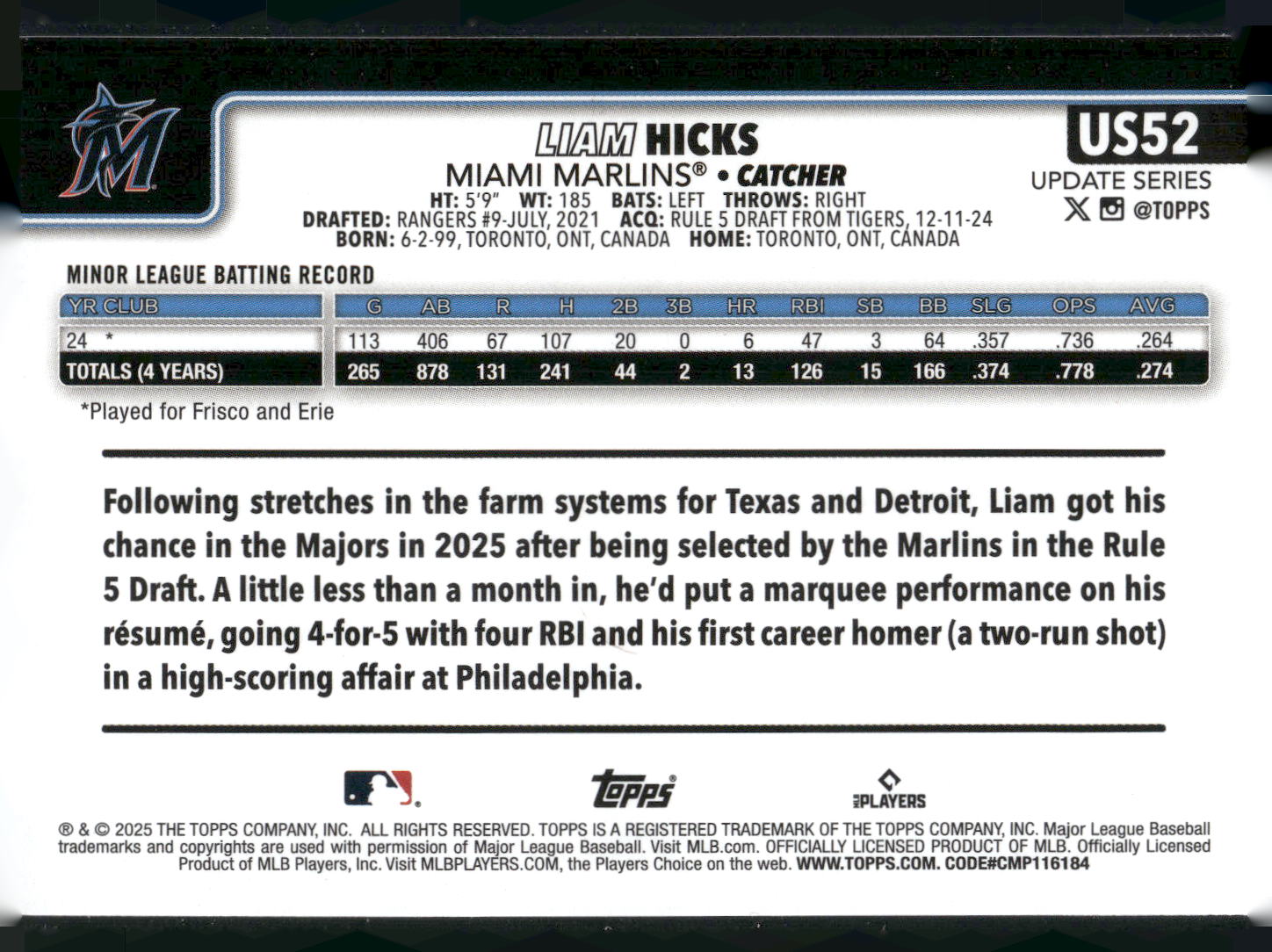 2025 Topps Update #US52 Liam Hicks