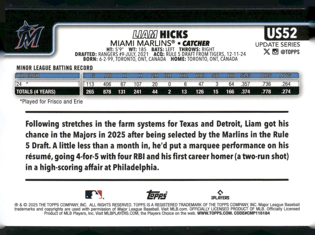 2025 Topps Update #US52 Liam Hicks