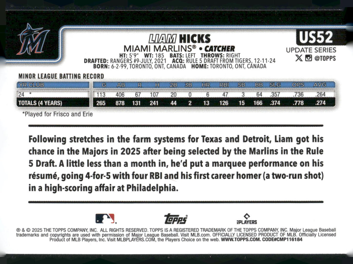 2025 Topps Update #US52 Liam Hicks