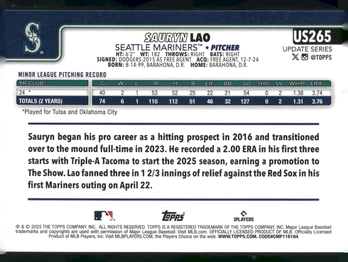 2025 Topps Update #US265 Sauryn Lao