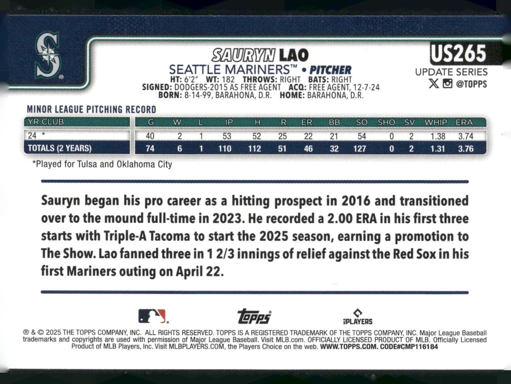 2025 Topps Update #US265 Sauryn Lao