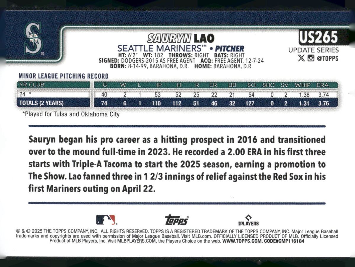 2025 Topps Update #US265 Sauryn Lao