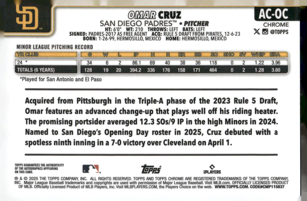 2025 Topps Chrome Update #AC-OC Omar Cruz Chrome Update Autographs