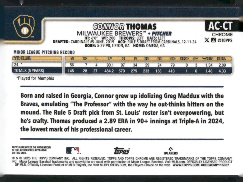 2025 Topps Chrome Update #AC-CT Connor Thomas Autographs Green Refractors #/99
