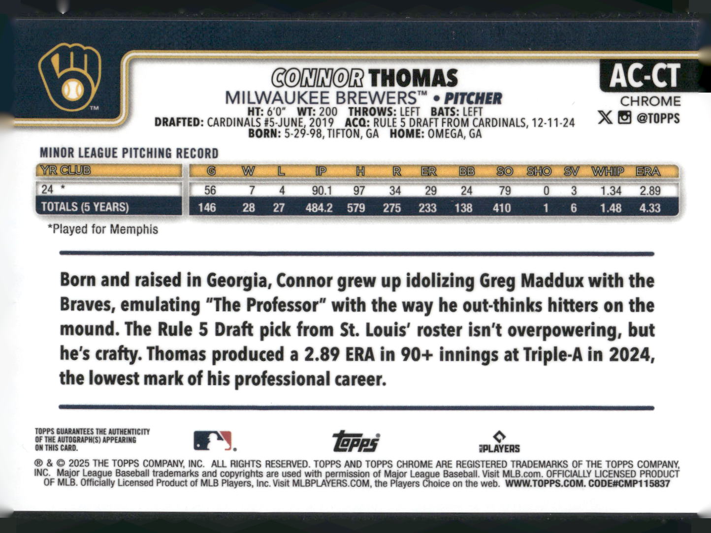 2025 Topps Chrome Update #AC-CT Connor Thomas Autographs Green Refractors #/99