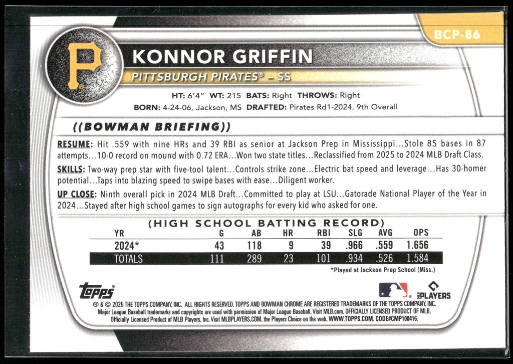 2025 Bowman #BCP-86 Konnor Griffin Chrome Prospects