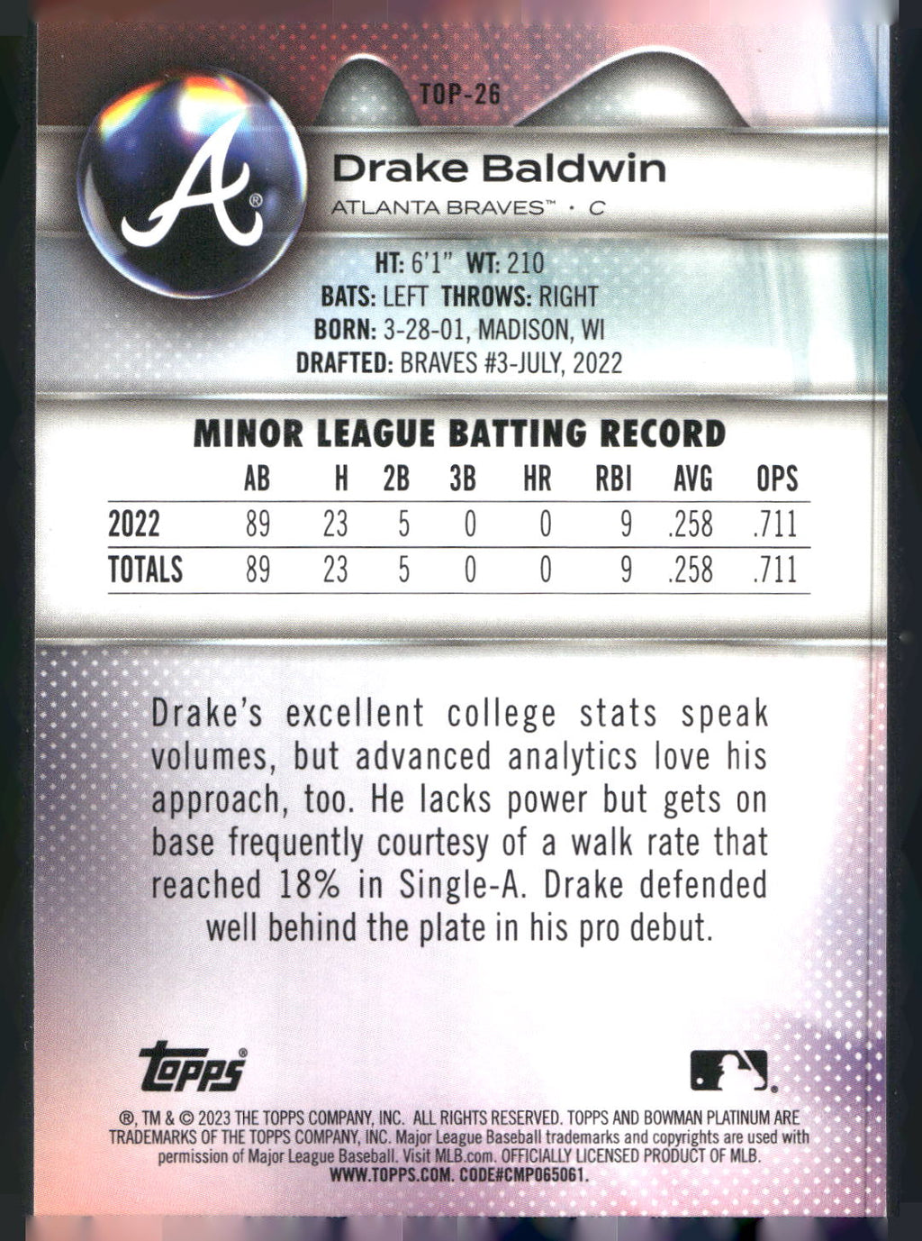 2023 Bowman Platinum #TOP-26 Drake Baldwin Top Prospects Ice Foil