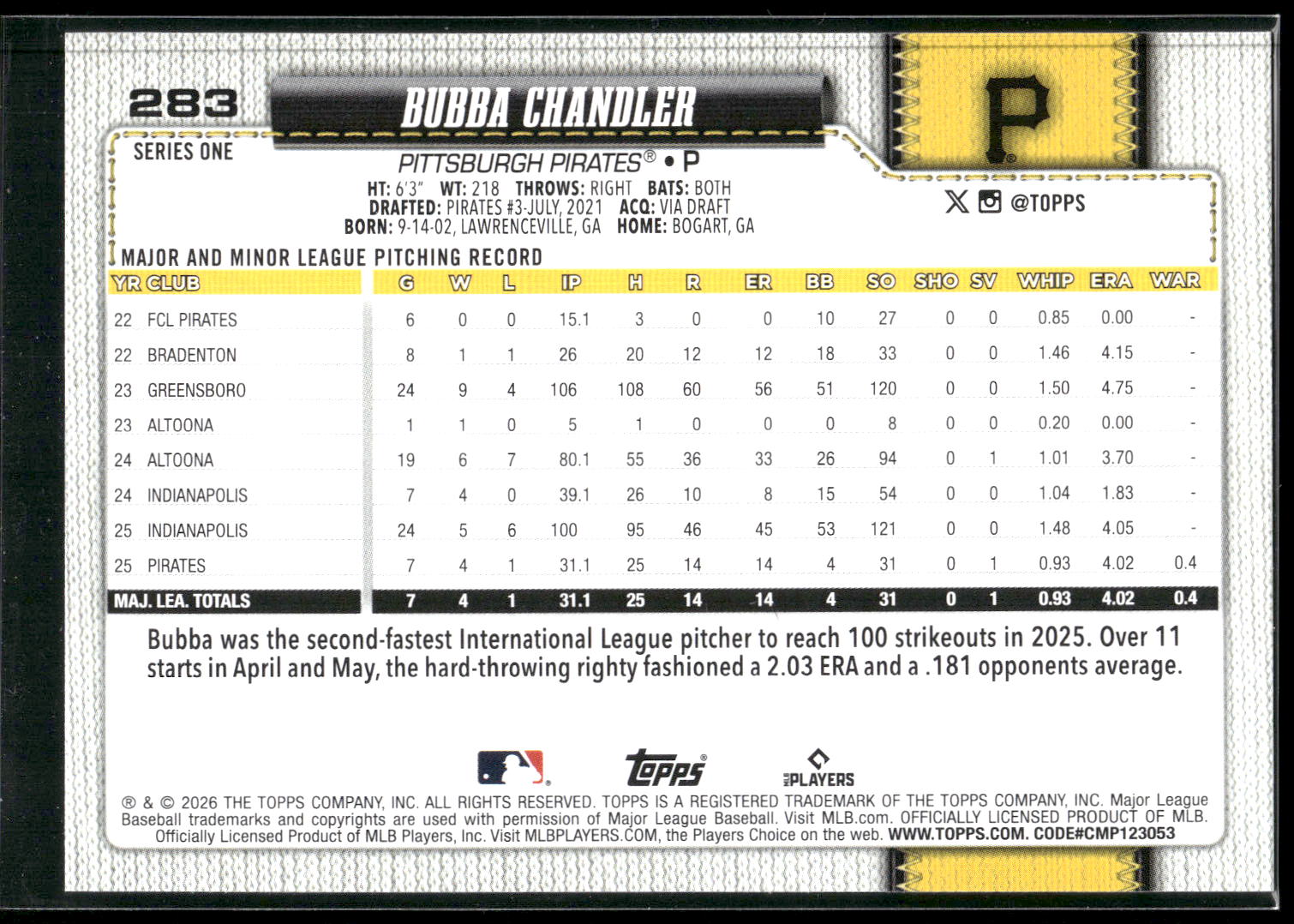 2026 Topps #283 Bubba Chandler Silver Crackle Foil