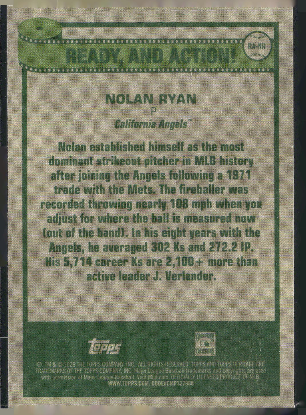 2026 Topps Heritage #RA-NR Nolan Ryan Ready, and Action!
