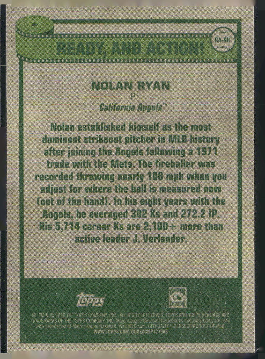 2026 Topps Heritage #RA-NR Nolan Ryan Ready, and Action!