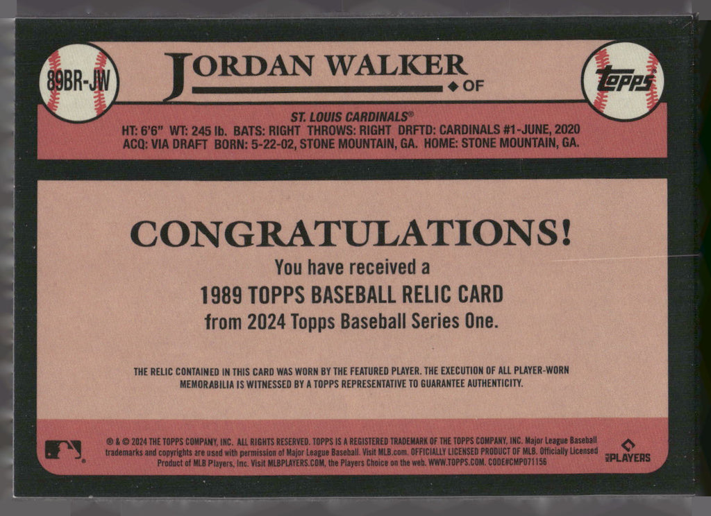 2024 Topps #89BR-JW Jordan Walker 1989 Topps Baseball 35th Anniversary