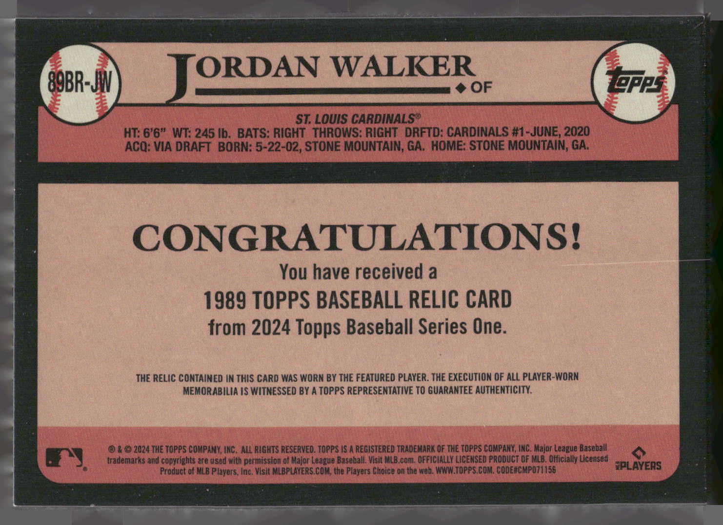 2024 Topps #89BR-JW Jordan Walker 1989 Topps Baseball 35th Anniversary
