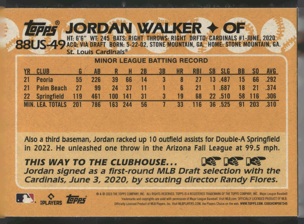 2023 Topps Update #88US-49 Jordan Walker 1988 Topps Baseball 35th Anniversary