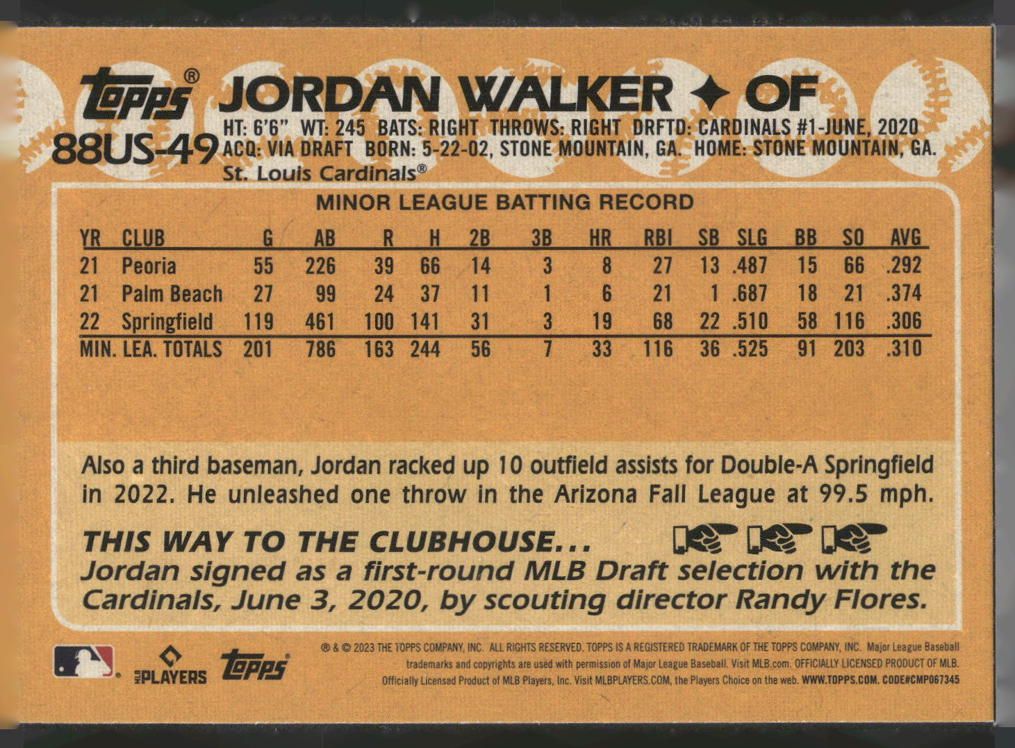2023 Topps Update #88US-49 Jordan Walker 1988 Topps Baseball 35th Anniversary