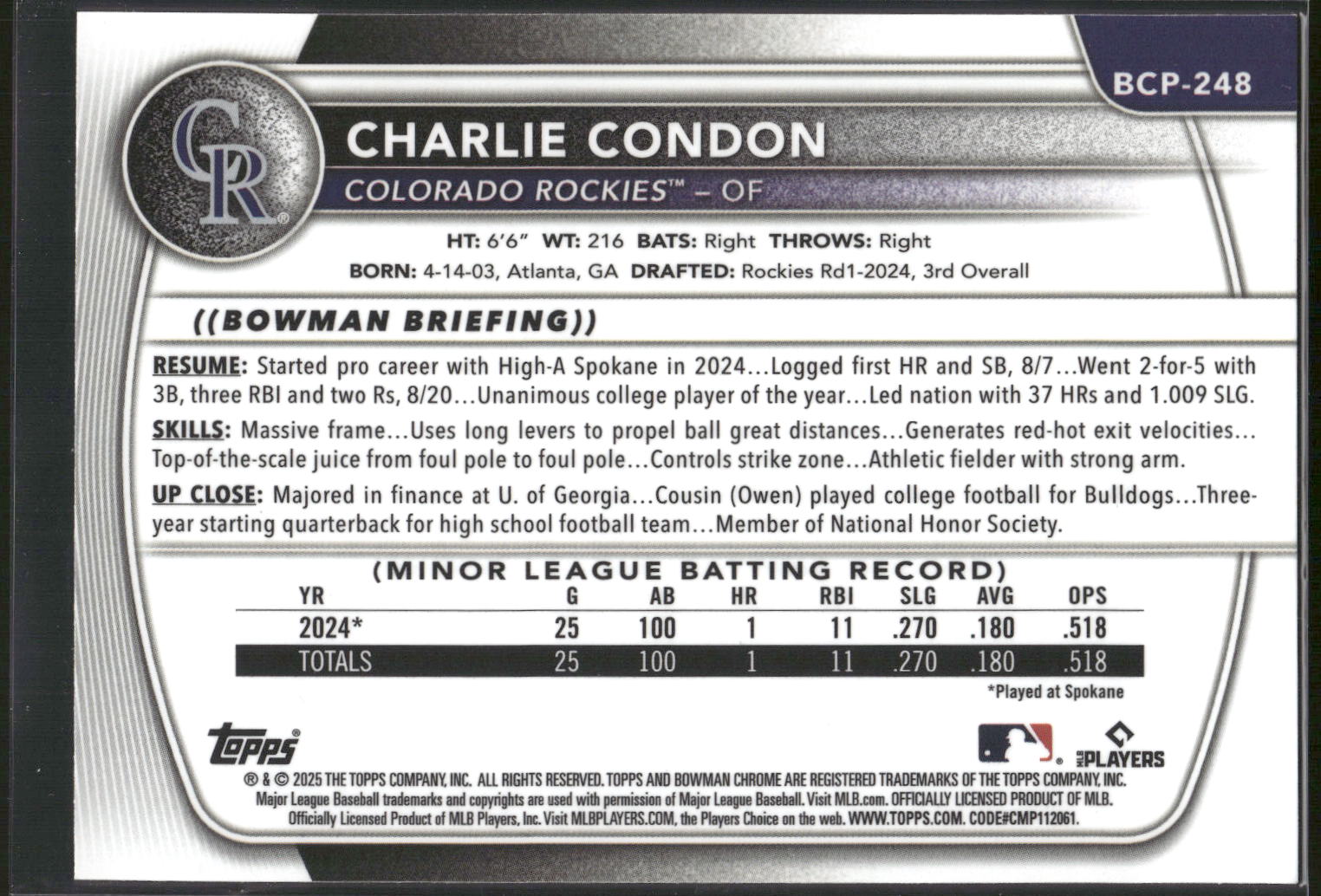 2025 Bowman Chrome #BCP-248 Charlie Condon Prospects