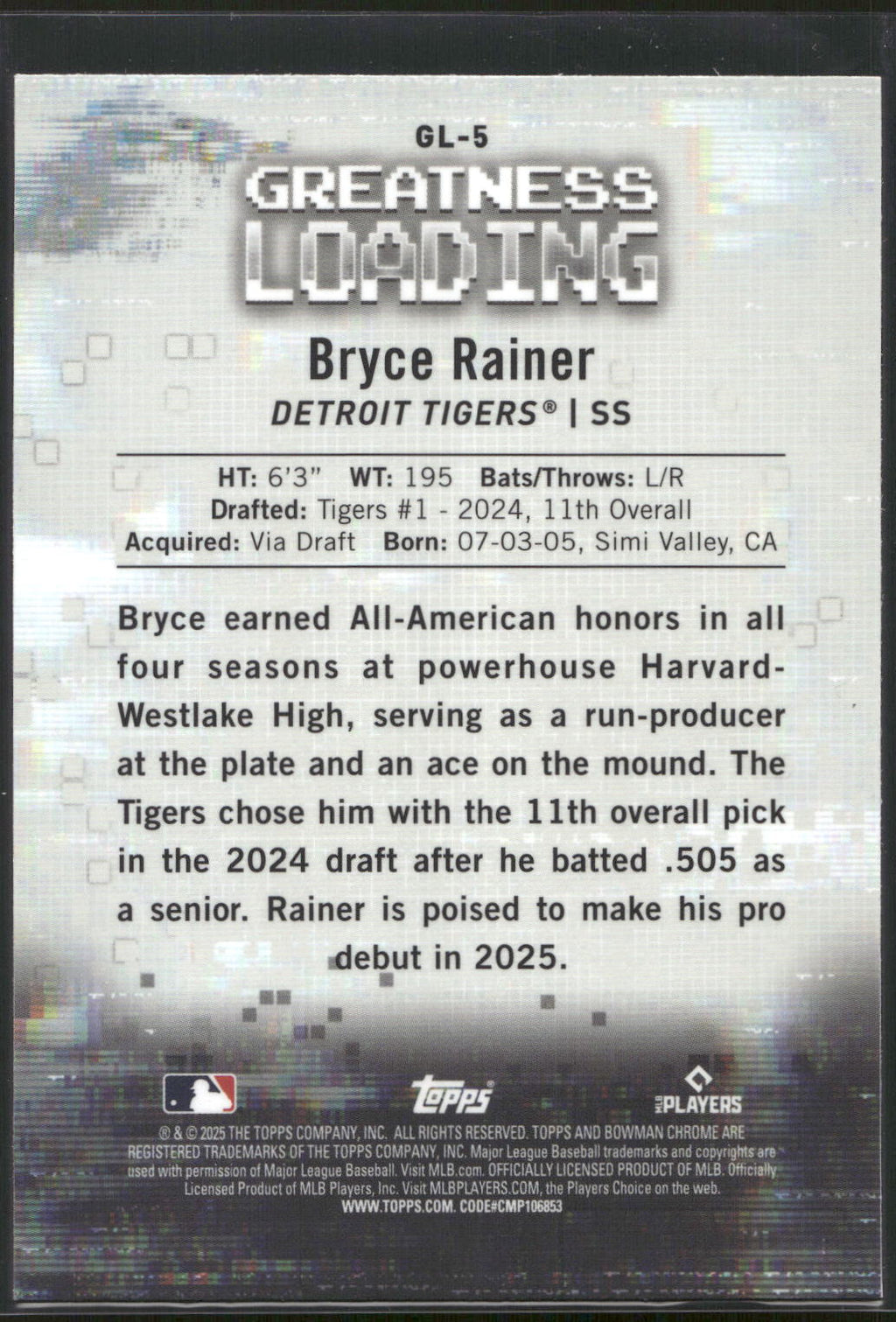 2025 Bowman #GL-5 Bryce Rainer Greatness Loading