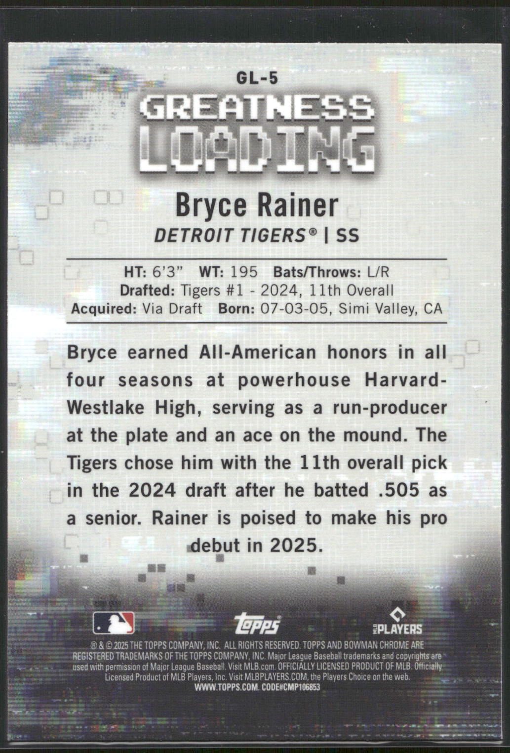 2025 Bowman #GL-5 Bryce Rainer Greatness Loading