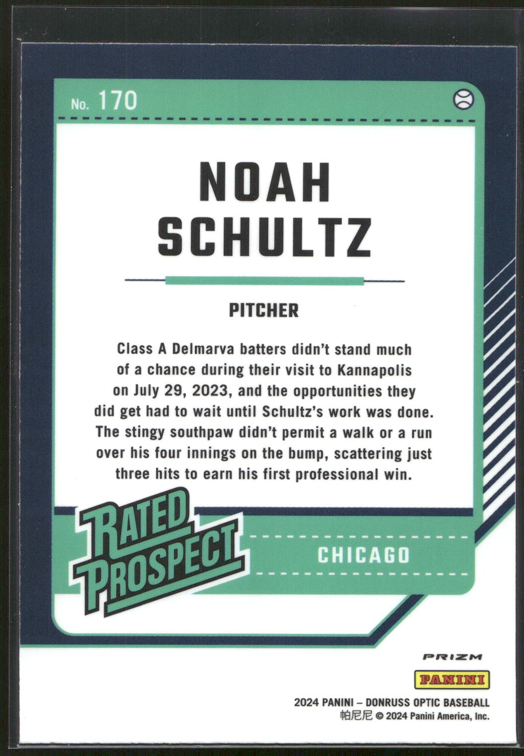 2024 Donruss #170 Noah Schultz Optic Blue Velocity Prizms