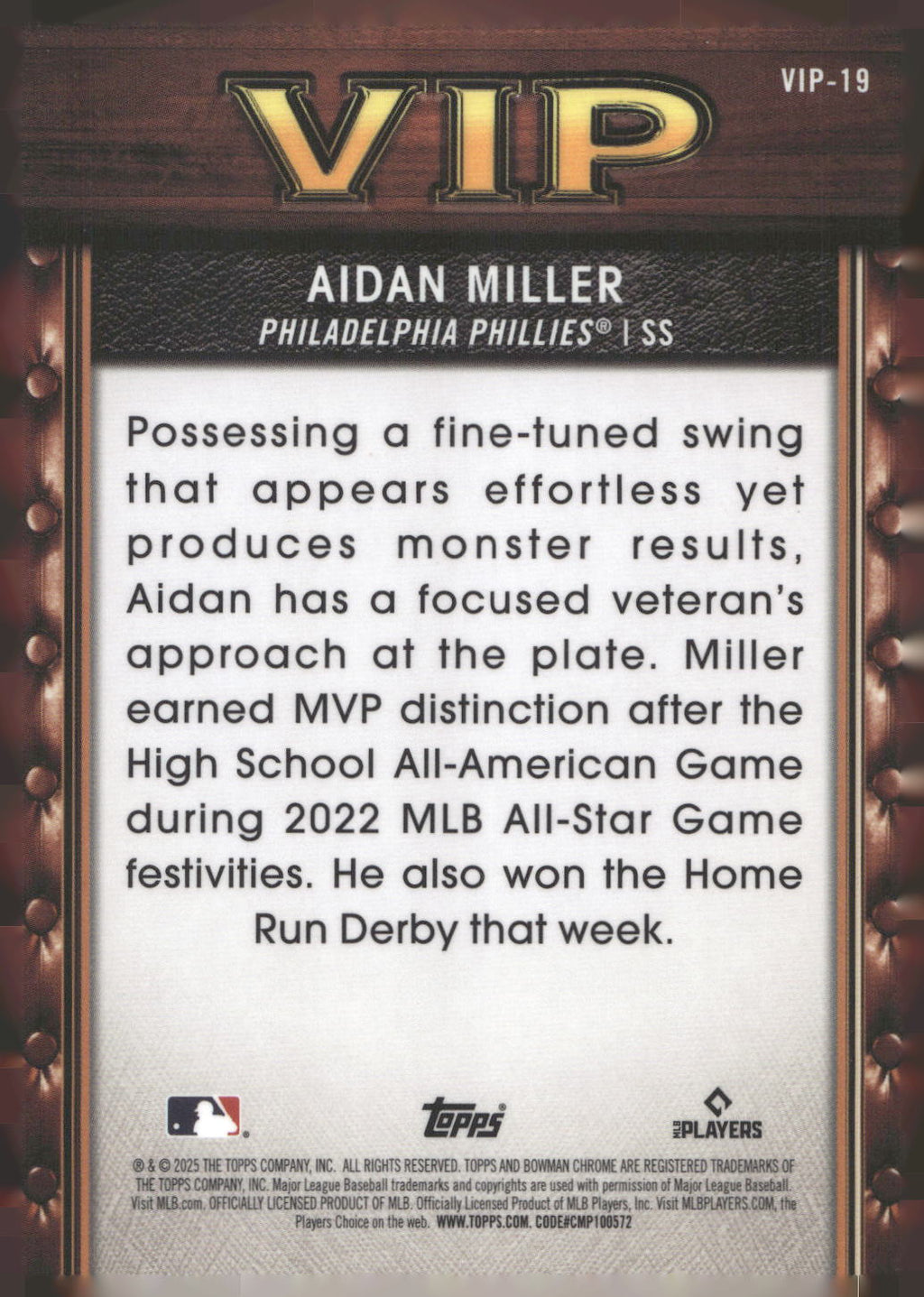 2025 Bowman #VIP-19 Aidan Miller Very Important Prospects
