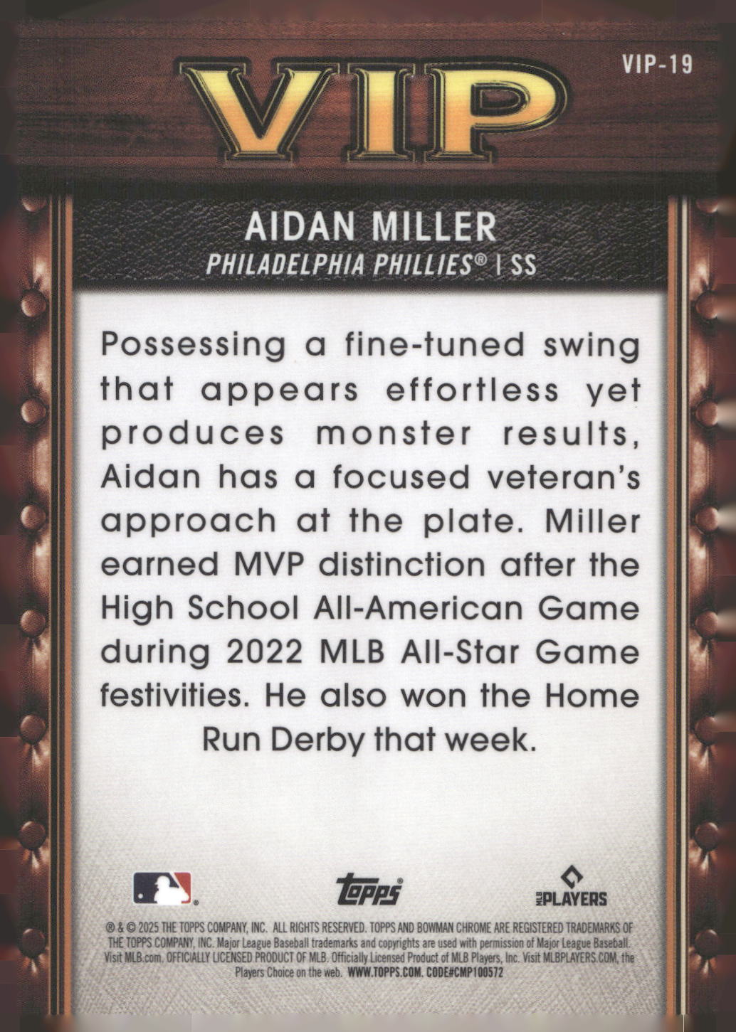 2025 Bowman #VIP-19 Aidan Miller Very Important Prospects