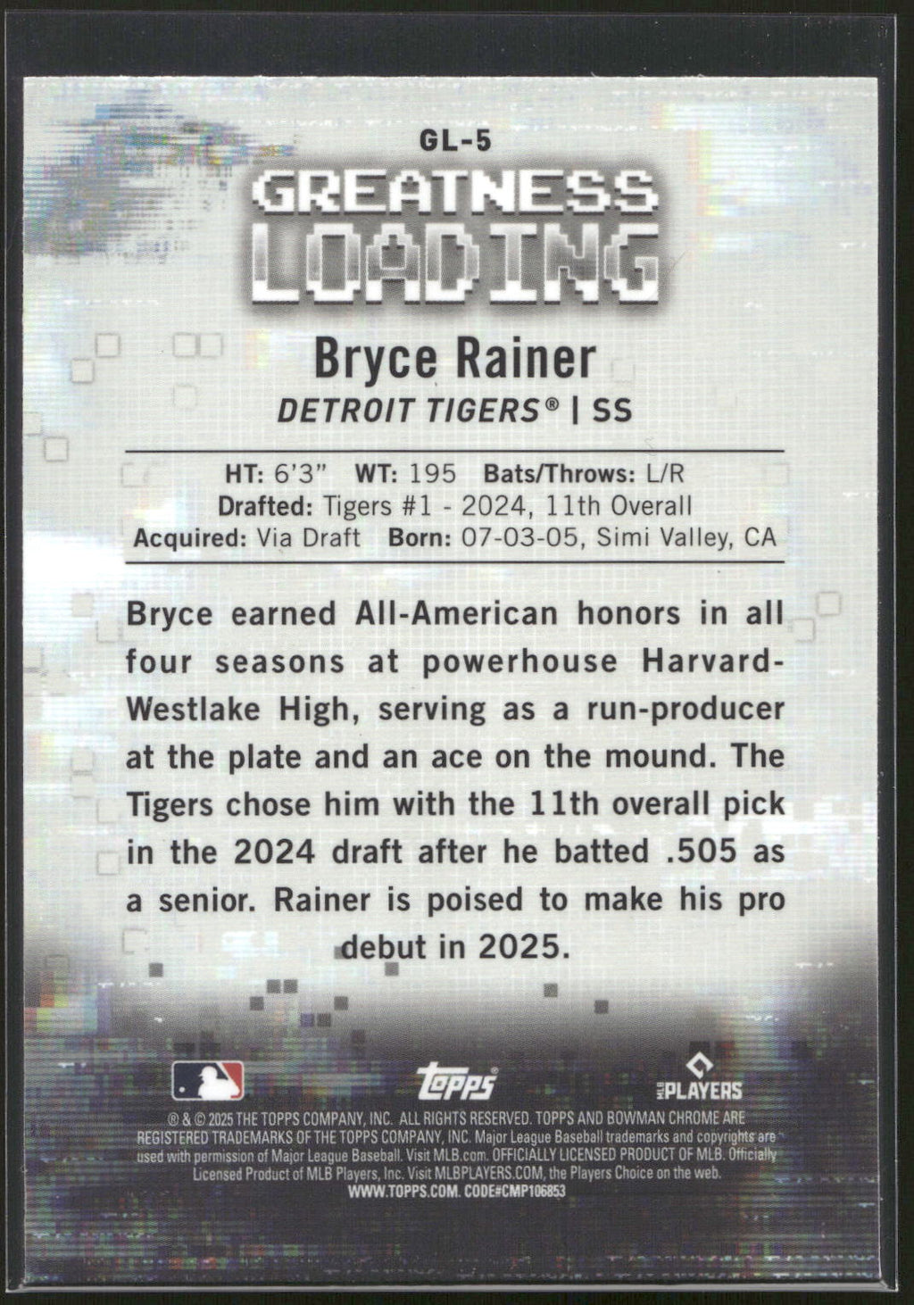 2025 Bowman #GL-5 Bryce Rainer Greatness Loading