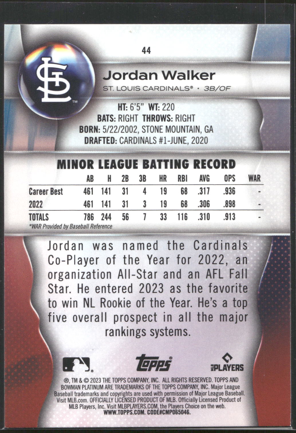 2023 Bowman Platinum #44 Jordan Walker Ice Foil