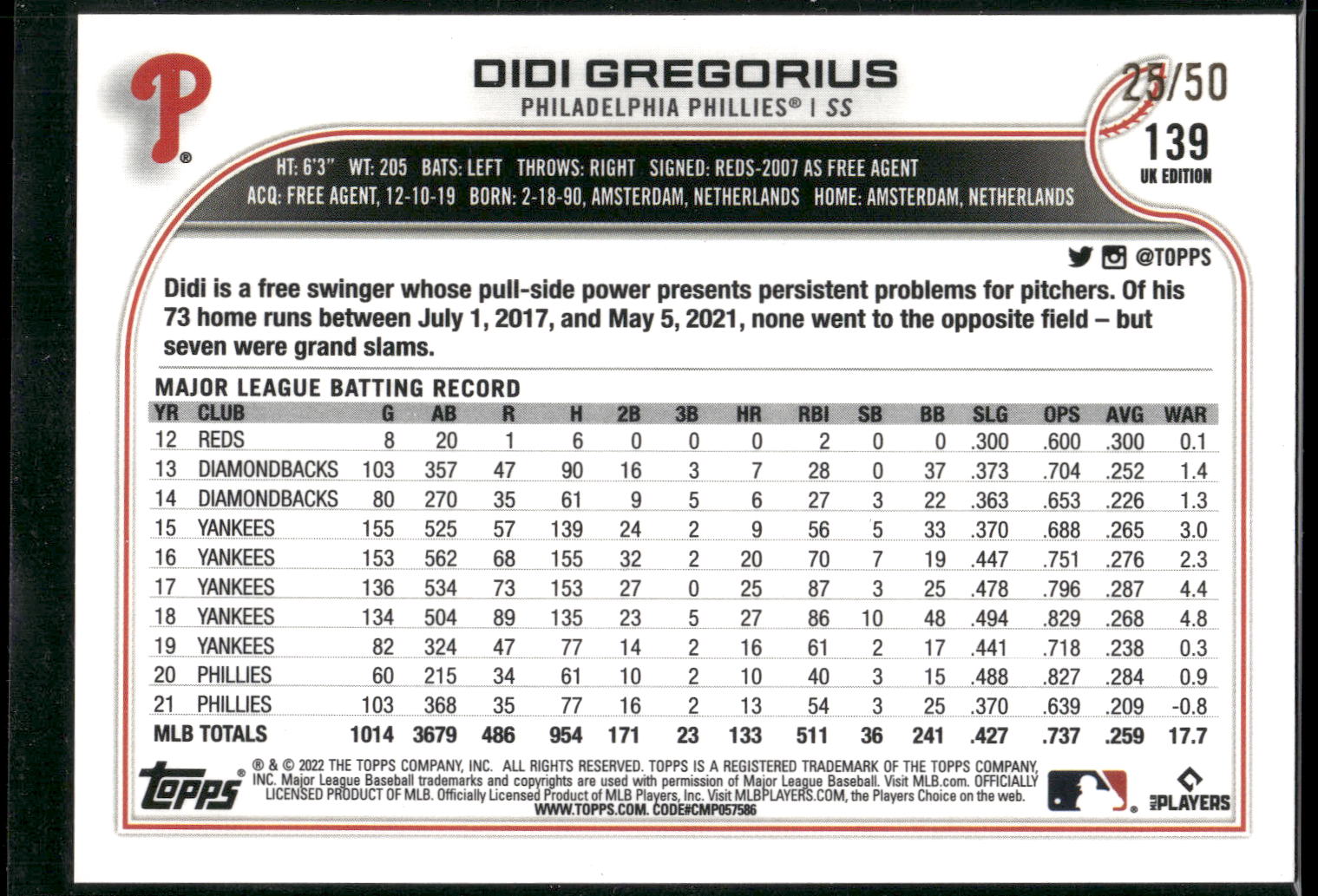 2022 Topps #44 Didi Gregorius Purple