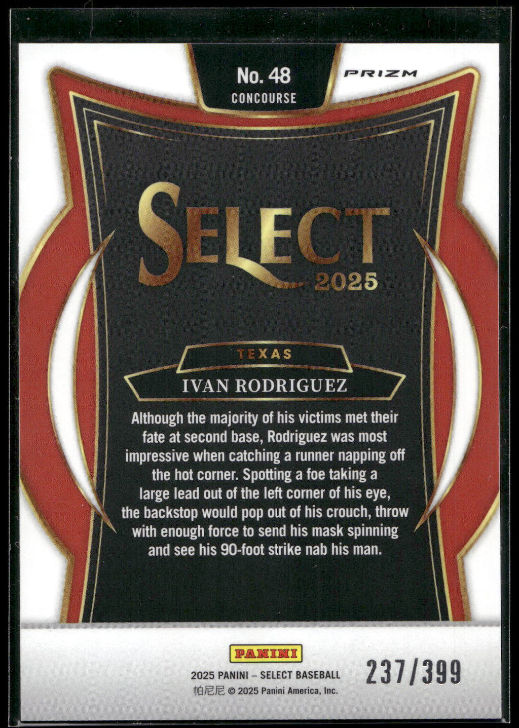 2025 Panini Select #48 Ivan Rodriguez Red and Blue Prizms #/399