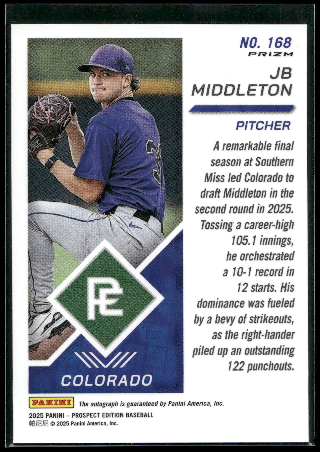 2025 Panini Prospect #168 JB Middleton Holo Prospect Ticket Signatures - Green