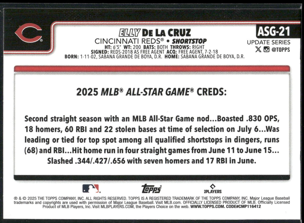2025 Topps Update #ASG-21 Elly De La Cruz 2025 All-Star Game