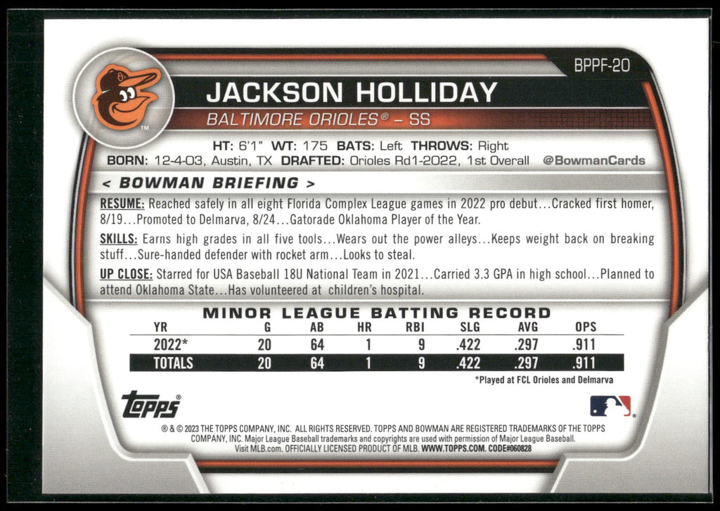 2023 Bowman 1st Edition #BPPF-20 Jackson Holliday