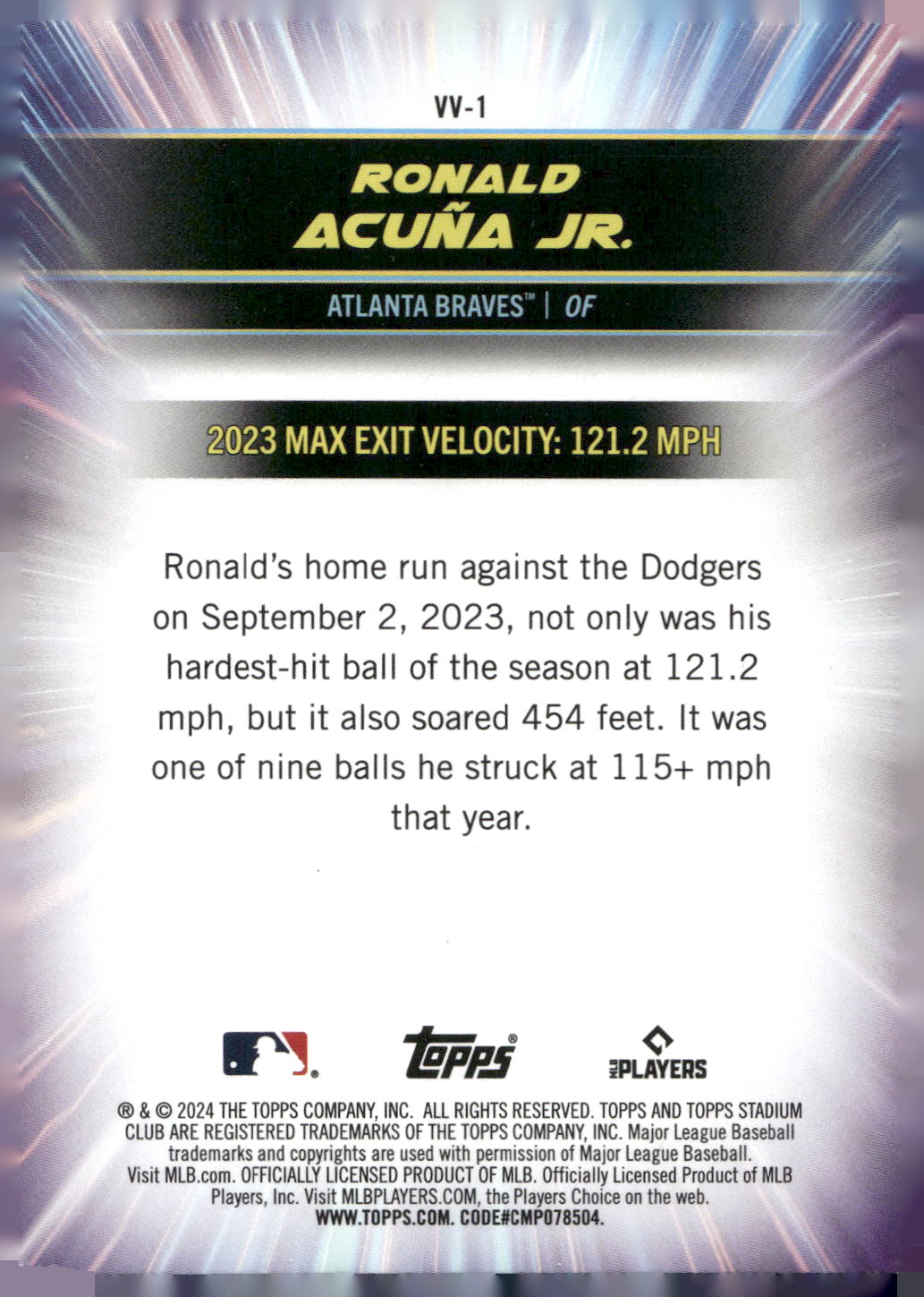 2024 Stadium Club #VV-1 Ronald Acuna Jr. Virtuosos of Velocity