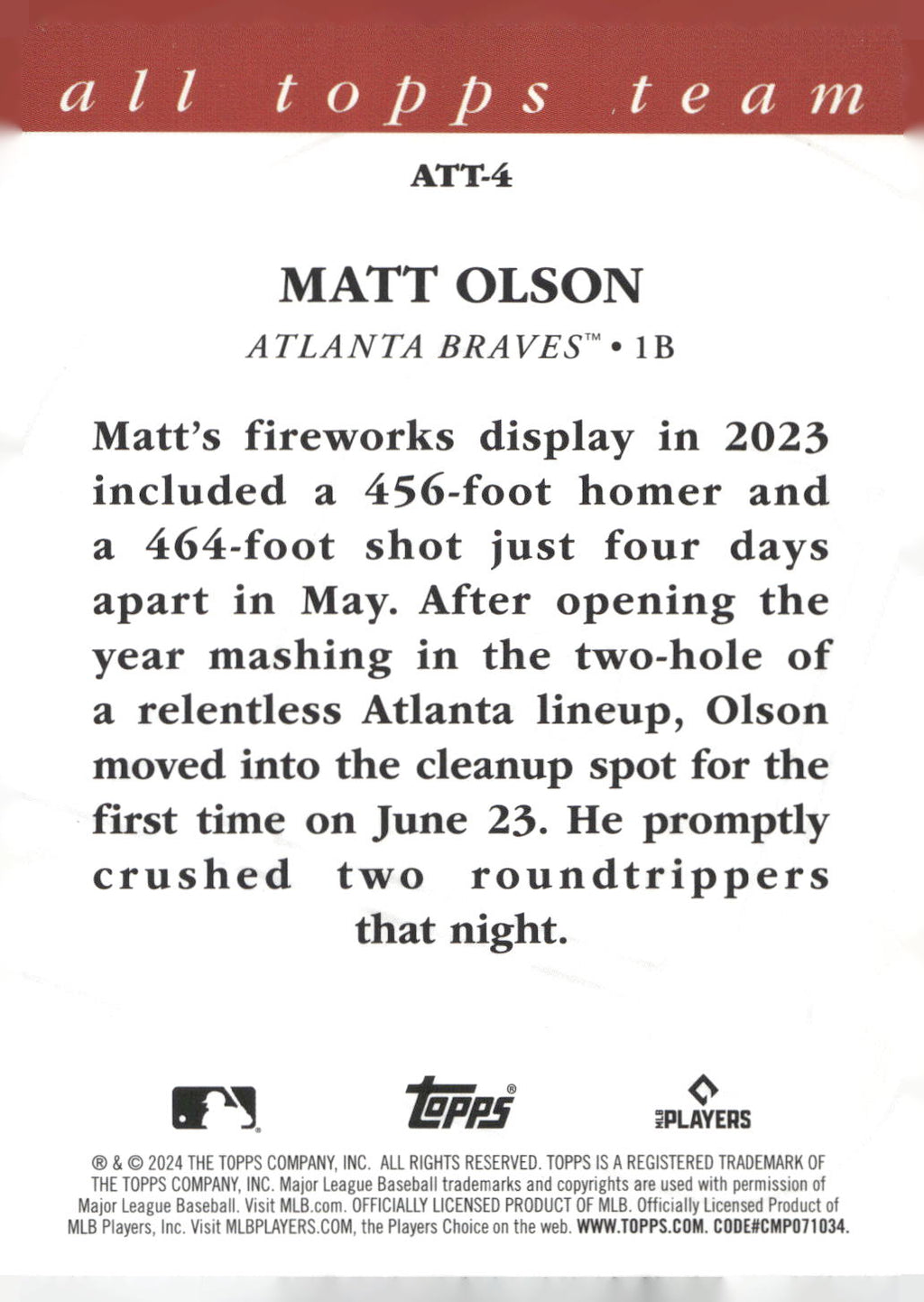 2024 Topps #ATT-4 Matt Olson 2023 All Topps Team