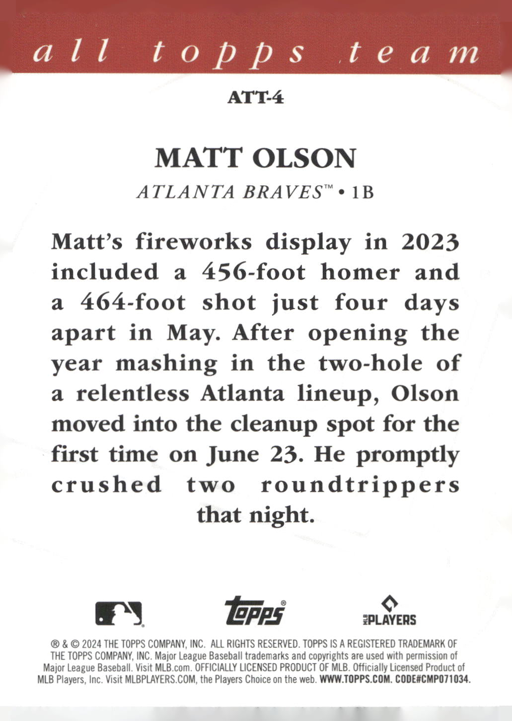 2024 Topps #ATT-4 Matt Olson 2023 All Topps Team
