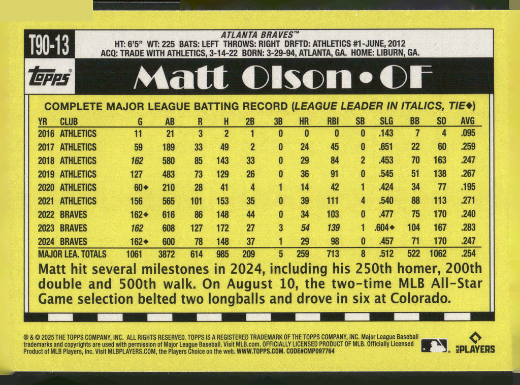 2025 Topps #T90-13 Matt Olson 1990 Topps Baseball 35th