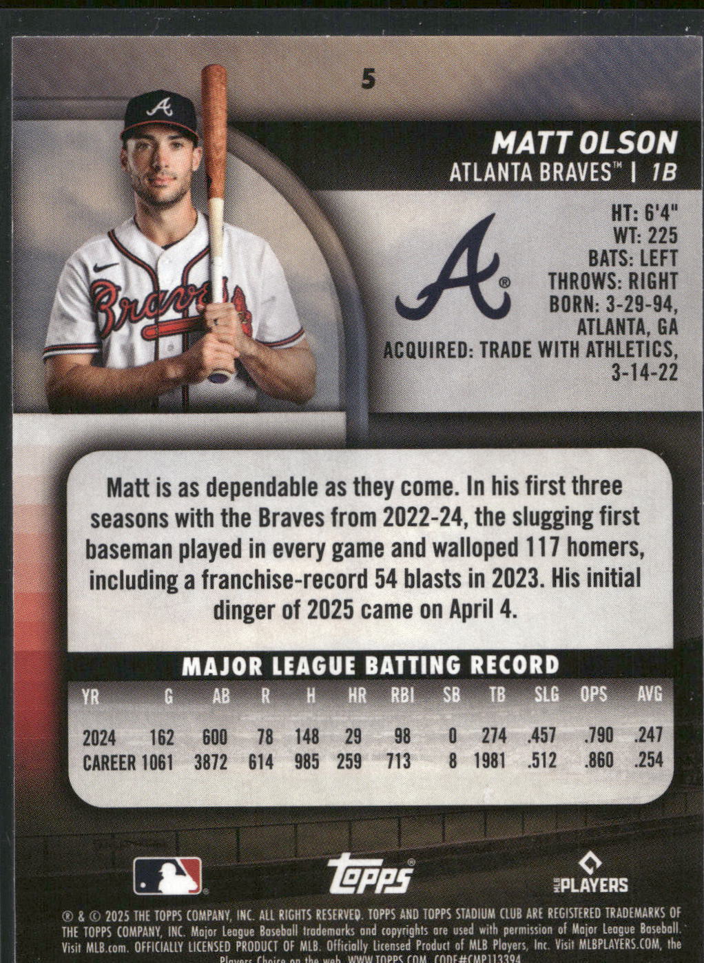 2025 Stadium Club #5 Matt Olson Light Blue Foil
