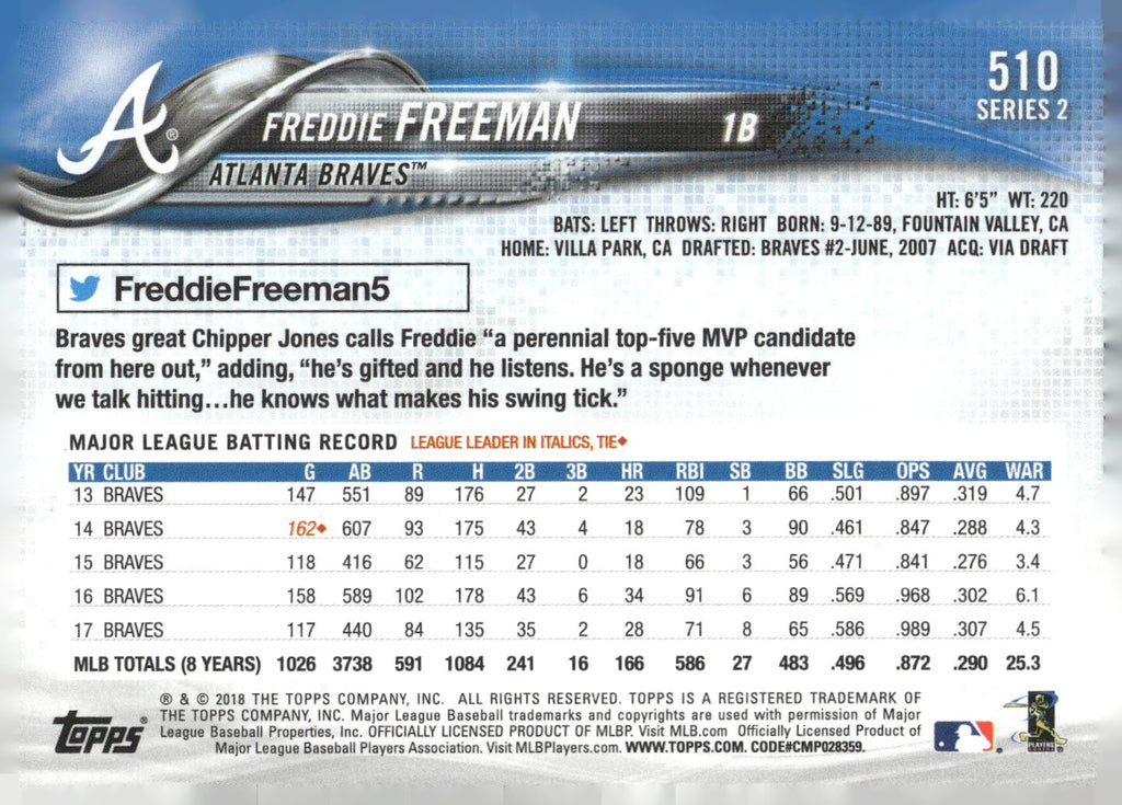 2018 Topps #510 Freddie Freeman
