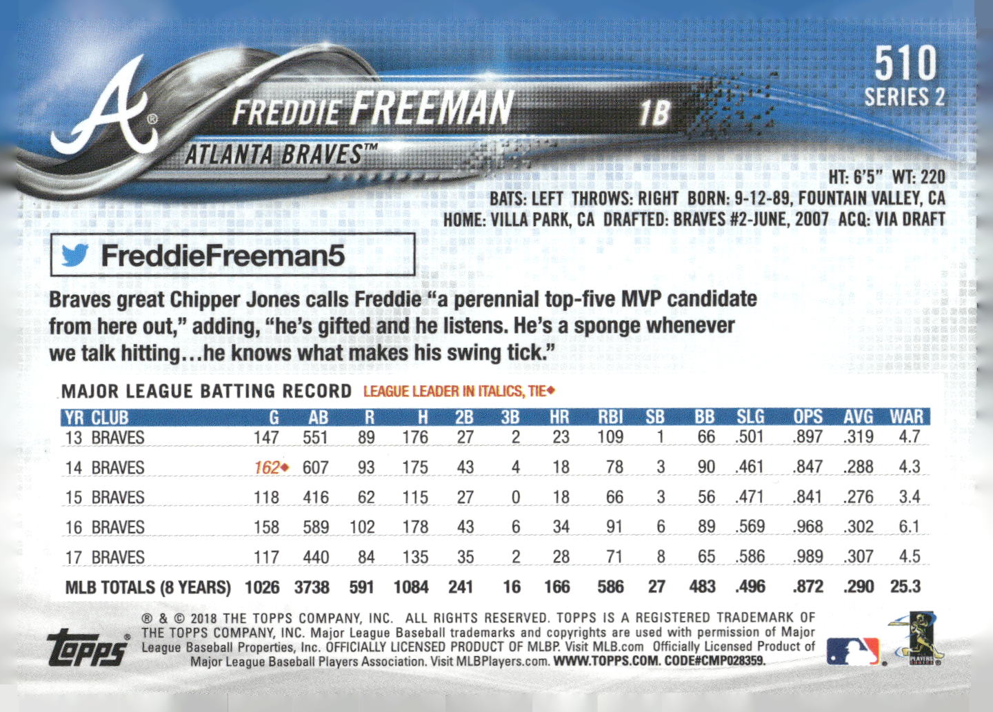 2018 Topps #510 Freddie Freeman